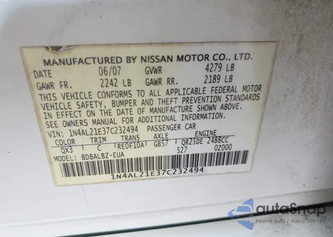 2007 Nissan Altima 2.5 S from USA, damaged, VIN 1N4AL21E37C232494